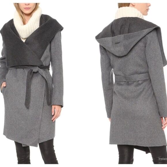 Soia & Kyo light dark two tone grey Samia wool blend blanket drape hooded coat - Picture 1 of 6
